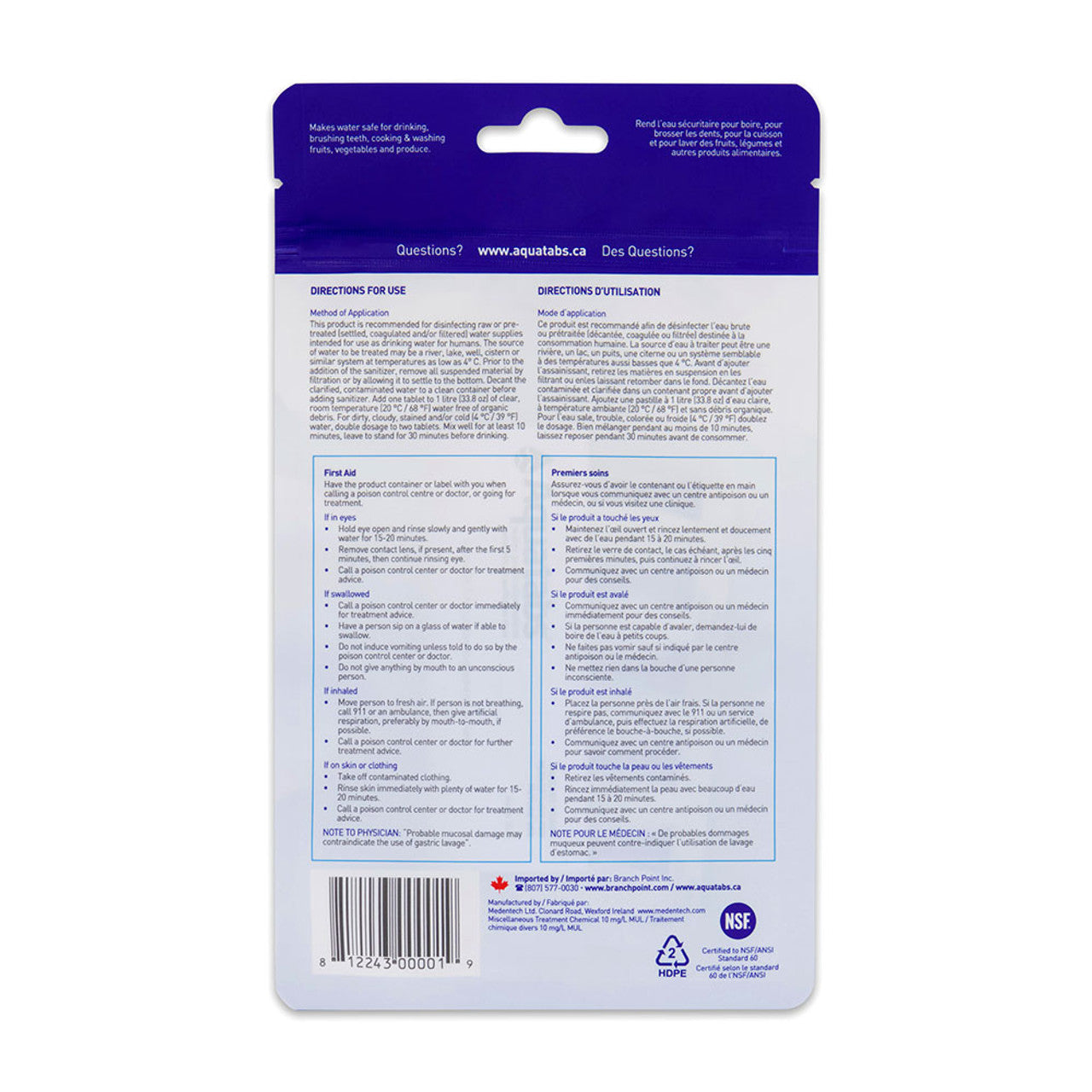 Comprimés de purification d'eau Aquatabs Package of 50, 1L Tabs - Plein air Entrepôt