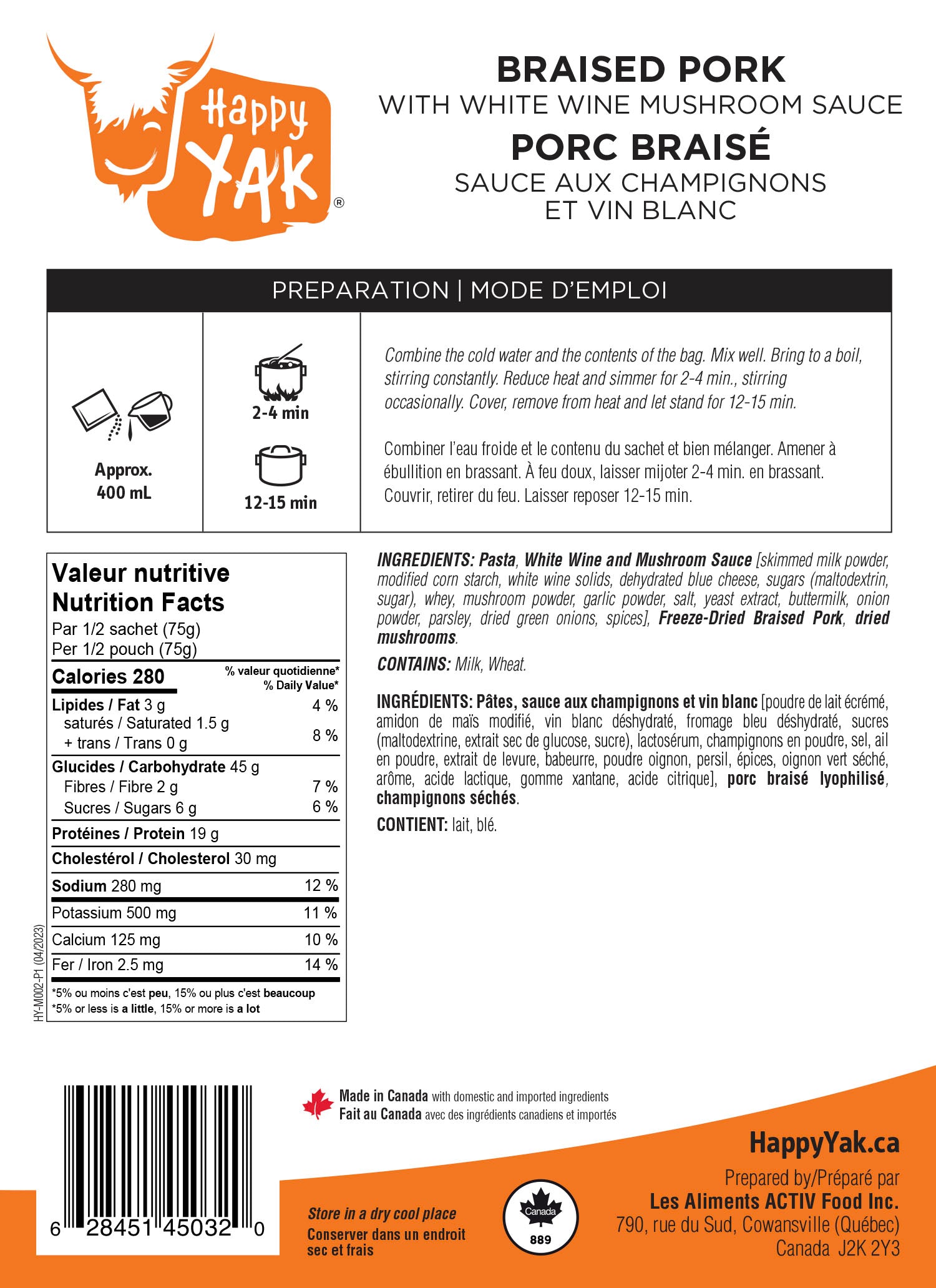 Happy Yak Porc Braisé Sauce aux Champignons et Vin Blanc - Plein Air Entrepôt