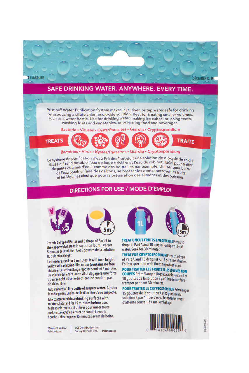 Purificateur d'Eau Pristine Hike30 ml - Plein Air Entrepôt